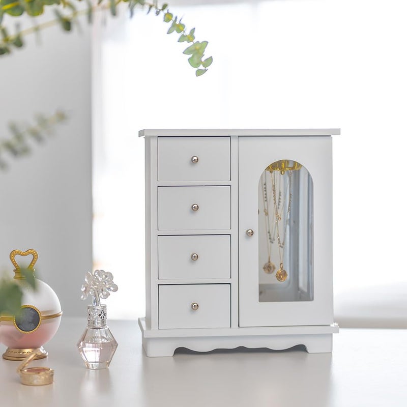 ZGZD White Jewelry Box for Girls Wooden Makeup and Accessories Organizer Ring Storage with 4 Drawers and Swing Door - Image 4